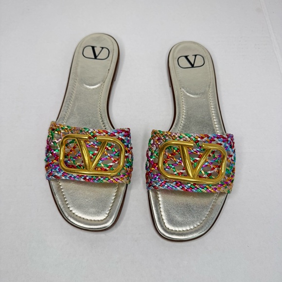 Valentino Multicolor Braided Leather VLOGO Flat Slides Size 37.5 - Picture 8 of 10